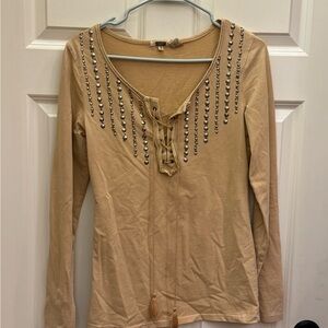 Stylish Tan Long Sleeve Top with Studded Detail